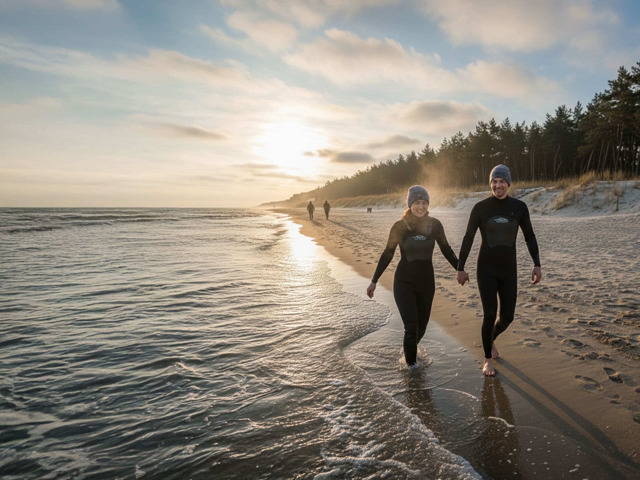 hartowanie organizmu - para spaceruje po plaży po pływaniu w zimnym morzu